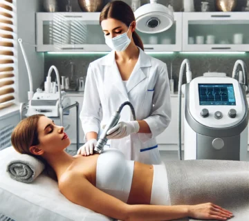 DALL·E 2025 01 18 15 14 59 A modern aesthetic clinic environment showing a professional female doctor in a white coat and a surgical mask performing Endolift treatment on a pati 360x320